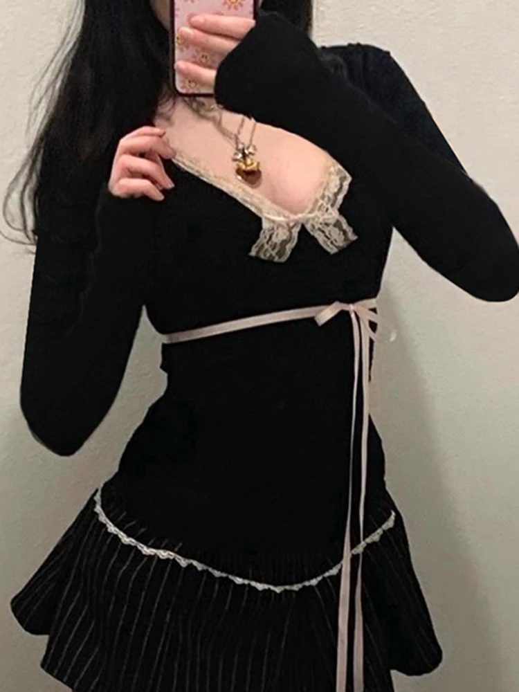 IAMSURE 甘いかわいい包帯 Tシャツスリムディープ V ネックレーストリム長袖 Tシャツ女性 2023 秋春のファッションストリート女性
