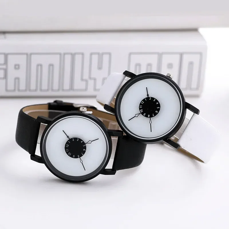 Par de relojes de cuarzo informales, reloj con correa de cuero, reloj de pulsera analógico para mujeres y hombres, reloj con esfera Digital creativa elegante, reloj