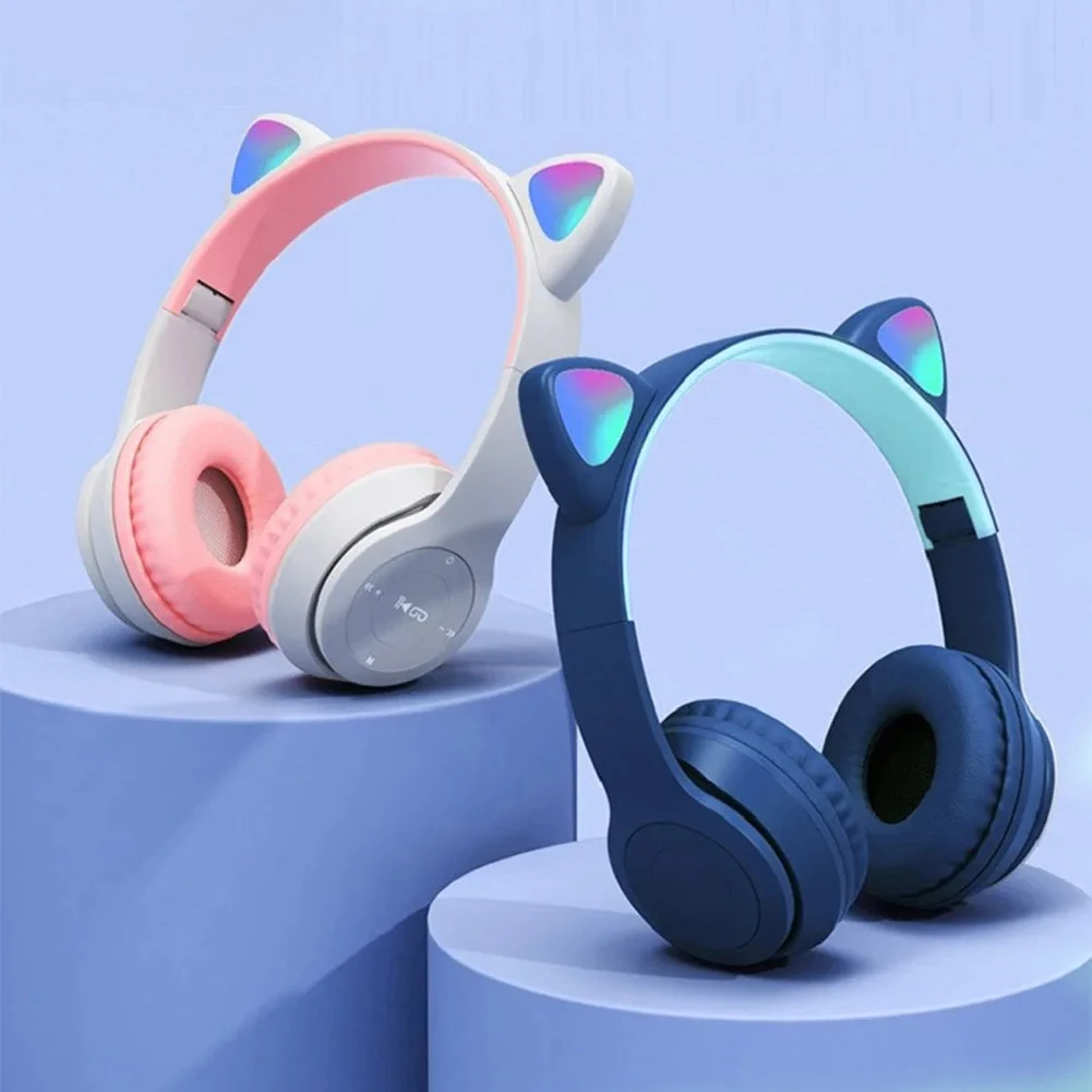 Bonitos auriculares inalámbricos con orejas de gato con luces LED Rgb para niños, auriculares estéreo Bluetooth para música móvil y juegos por ordenador