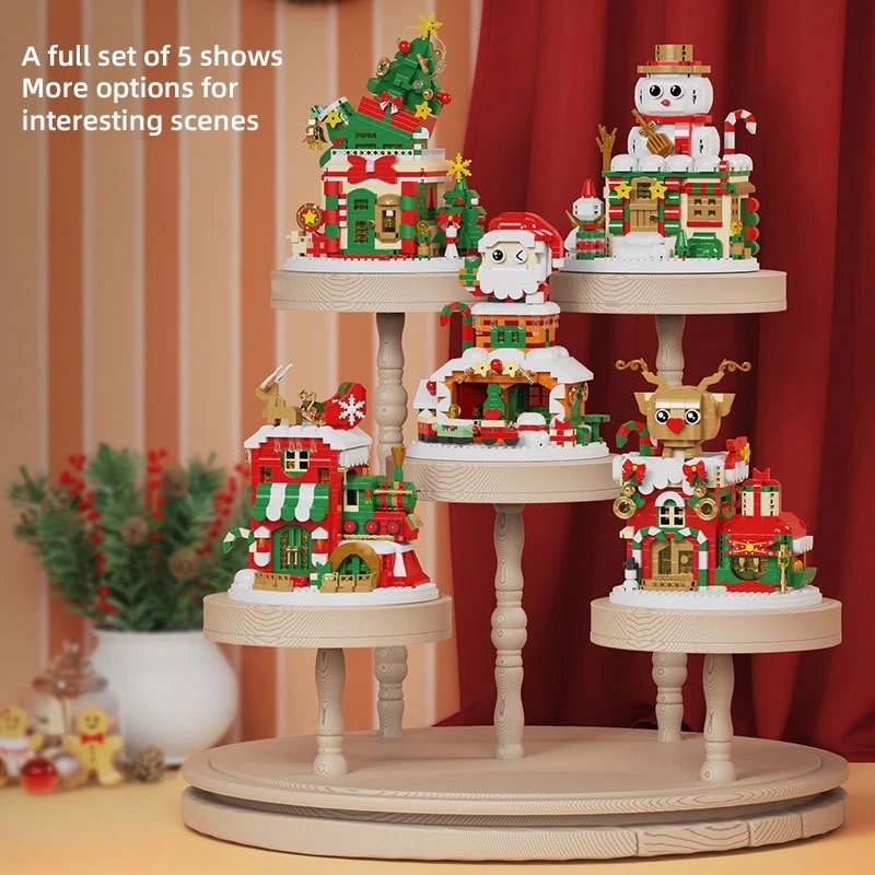 Natal Micro Building Block Series para crianças, Papai Noel, rena, quebra-cabeça, montagem de tijolos, brinquedos de decoração de mesa