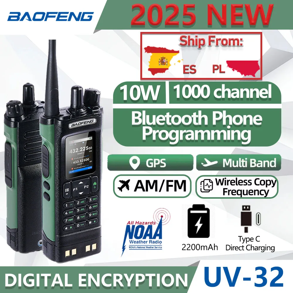 NOWY Baofeng UV-32 Walkie Talkie 10W Funkcja pozycjonowania GPS Pełny zakres Dwukierunkowe radio Bluetooth Pisanie częstotliwości Ładowanie Type-C