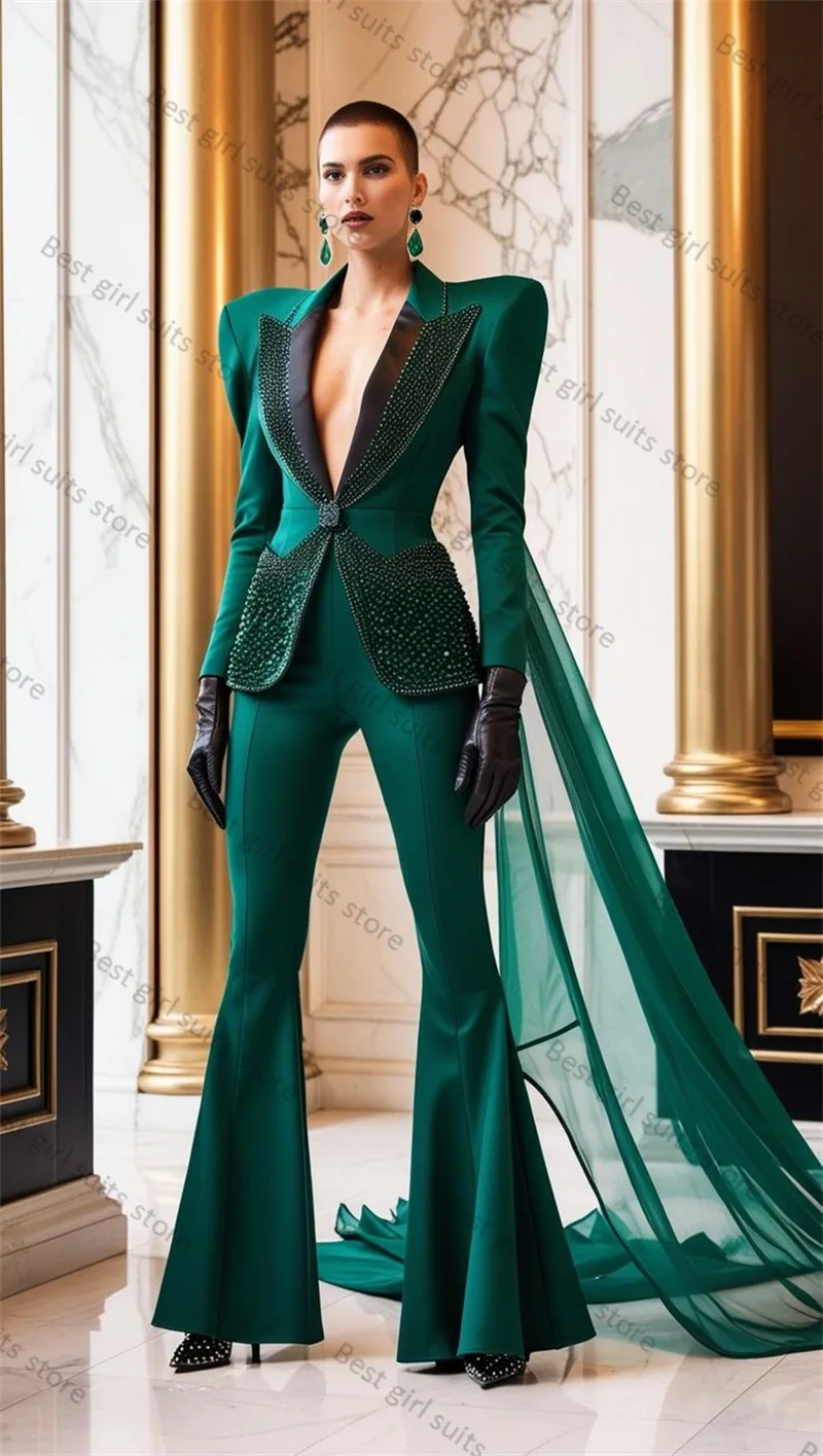 Ensemble de costume 2 pièces pour femmes, cristaux verts, Blazer perlé, pantalon, Long Train, veste de bureau formelle, smoking de mariage personnalisé