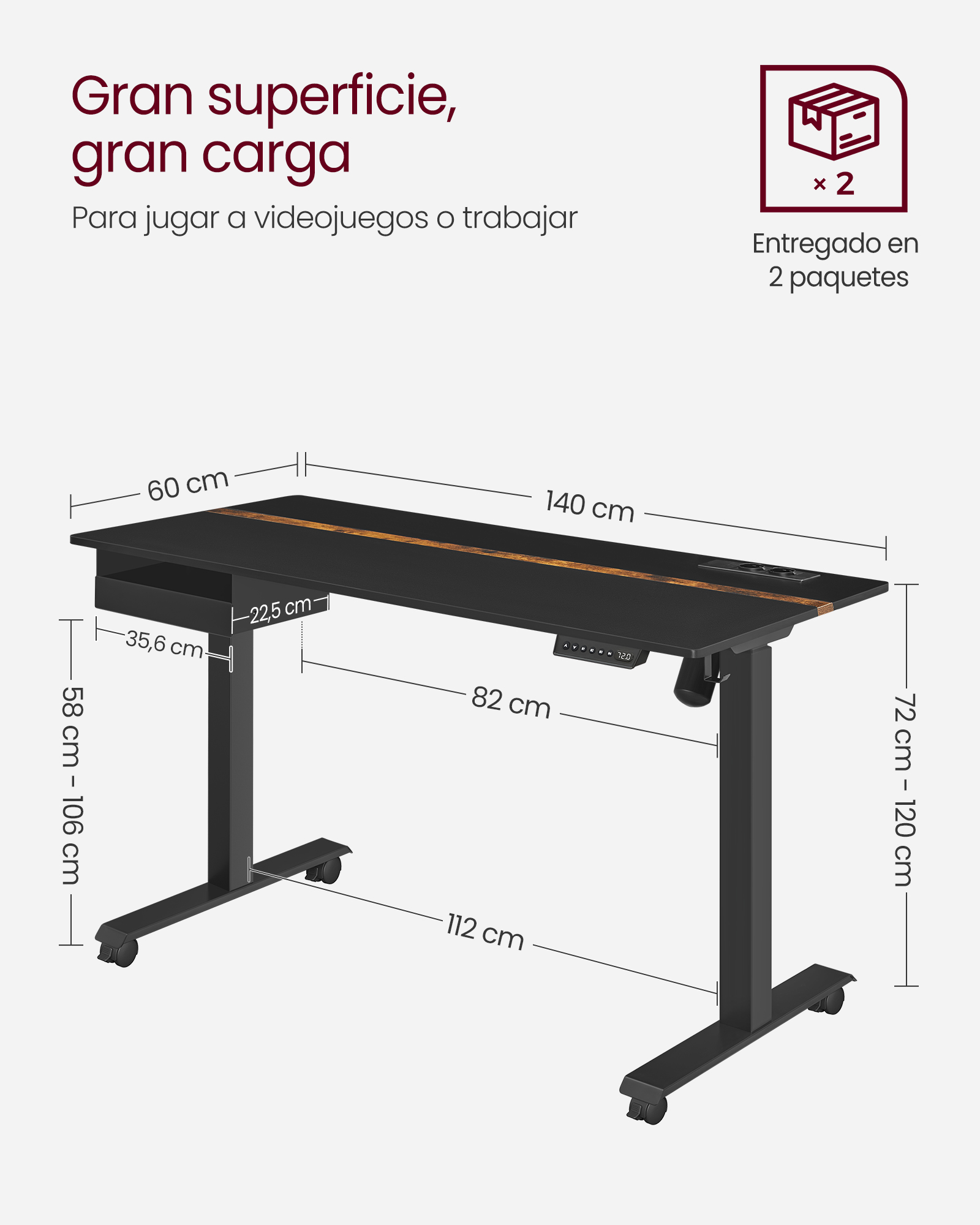 VASAGLE Height Adjustable Desk: 60 x 140 cm Worktop, Socket, Drawer. Continuous Adjustment, 4 Height Memory Functions.