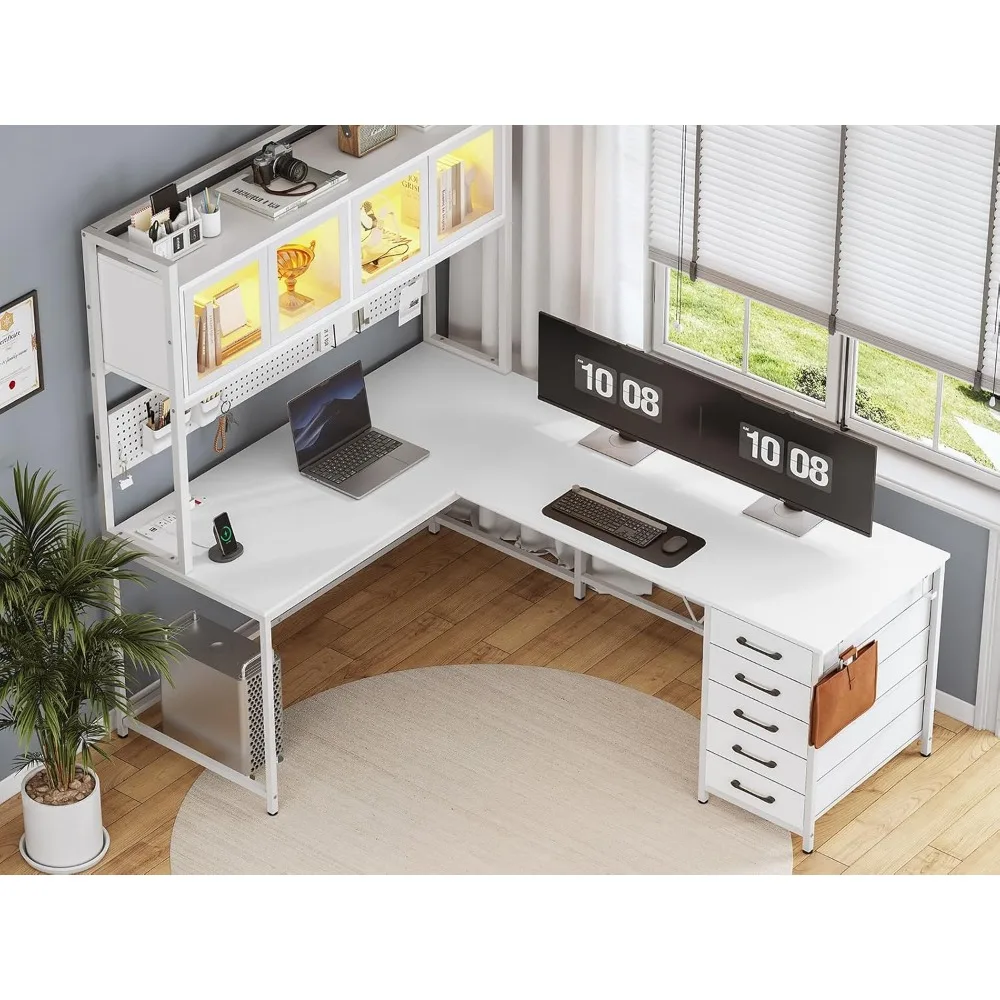 L Shaped Computer Desk with Hutch and Storage Shelves, Gaming Desk, Led Lights, and Power Outlet, Home Office Desk, Corner Desk