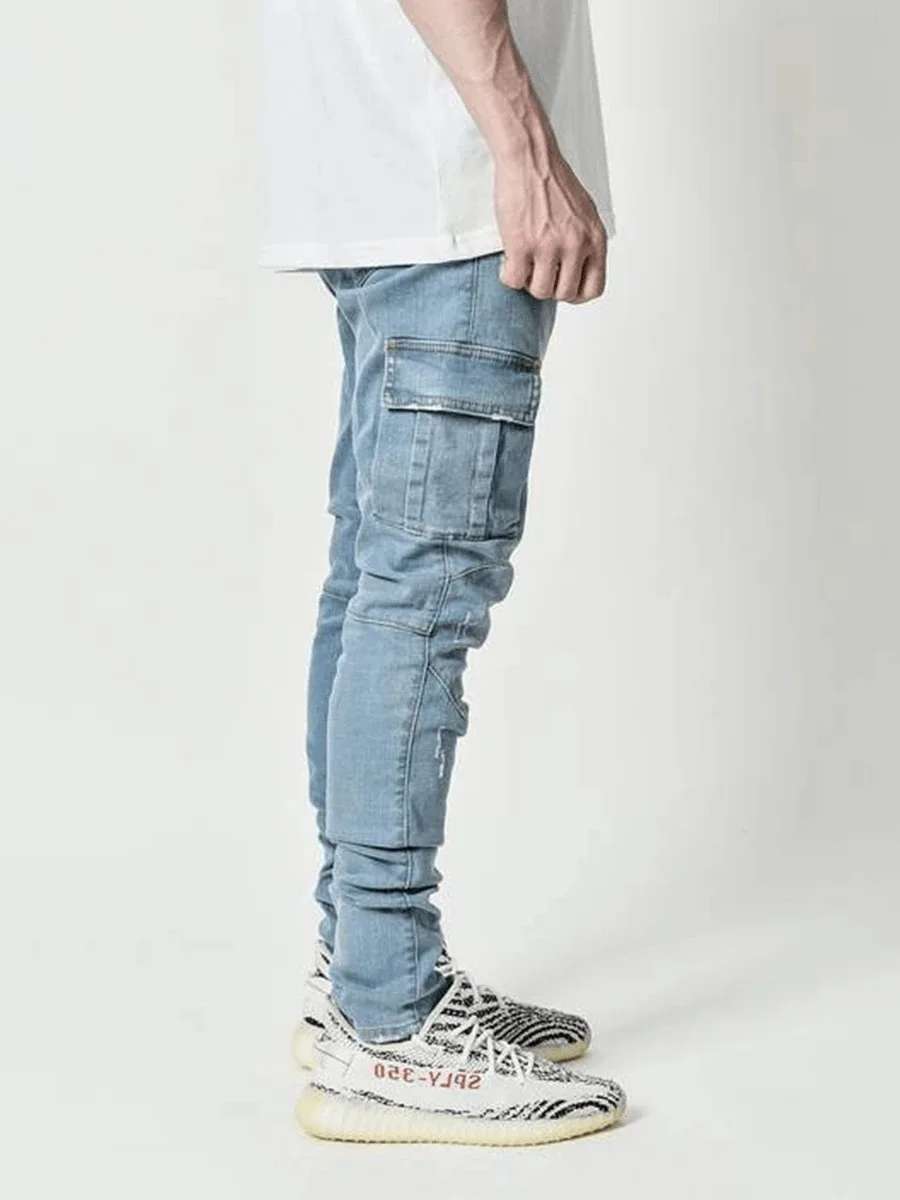 Neue Jeans Männer Hosen Waschen Einfarbig Multi Taschen Denim Mittlere Taille Cargo Jeans Plus Größe Mode Casual Hosen Männlichen Täglichen Verschleiß