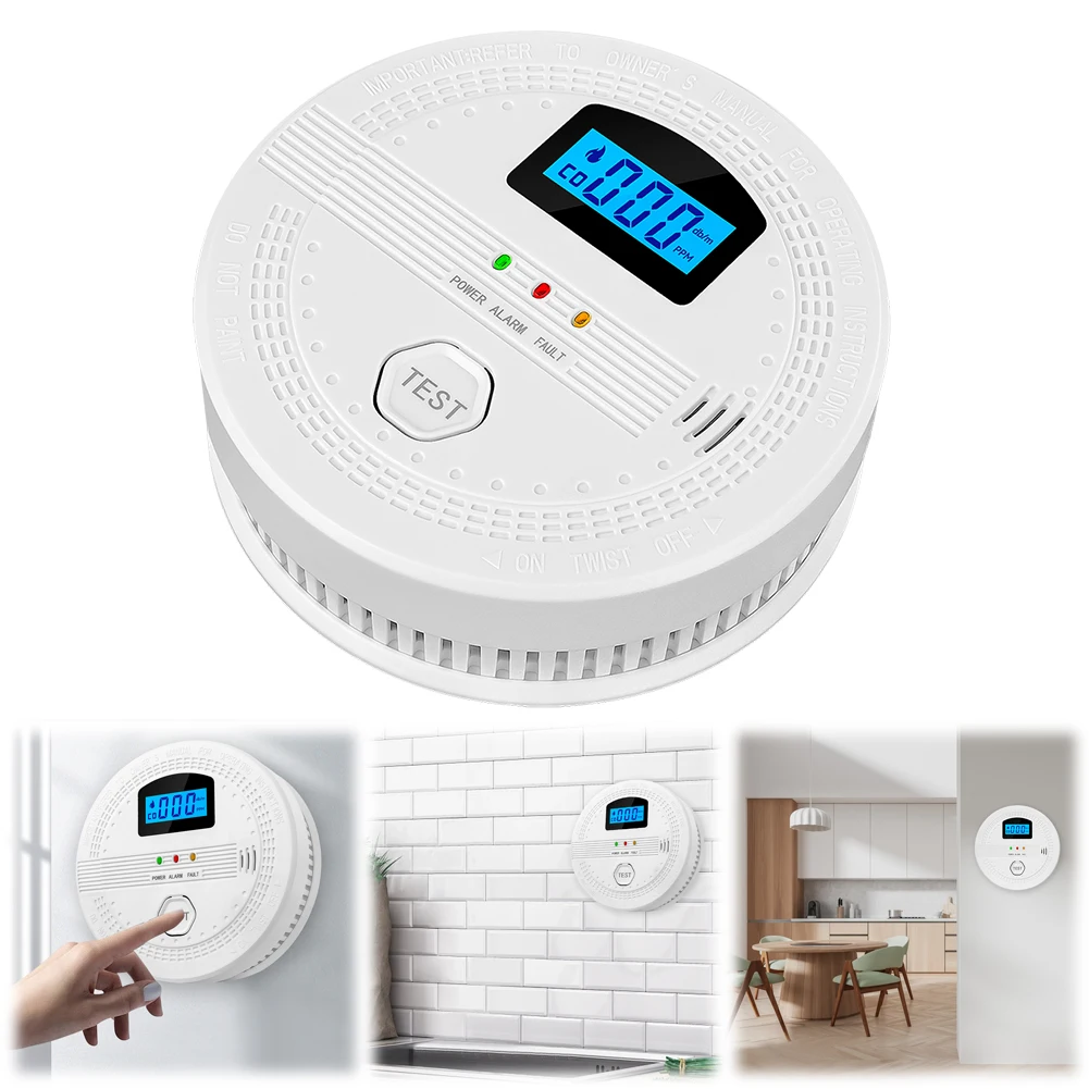 2-in-1 CO and Smoke Detector LCD Digital Display Carbon Monoxide Detector Sound Warning & LED Portable Fire Co Alarm
