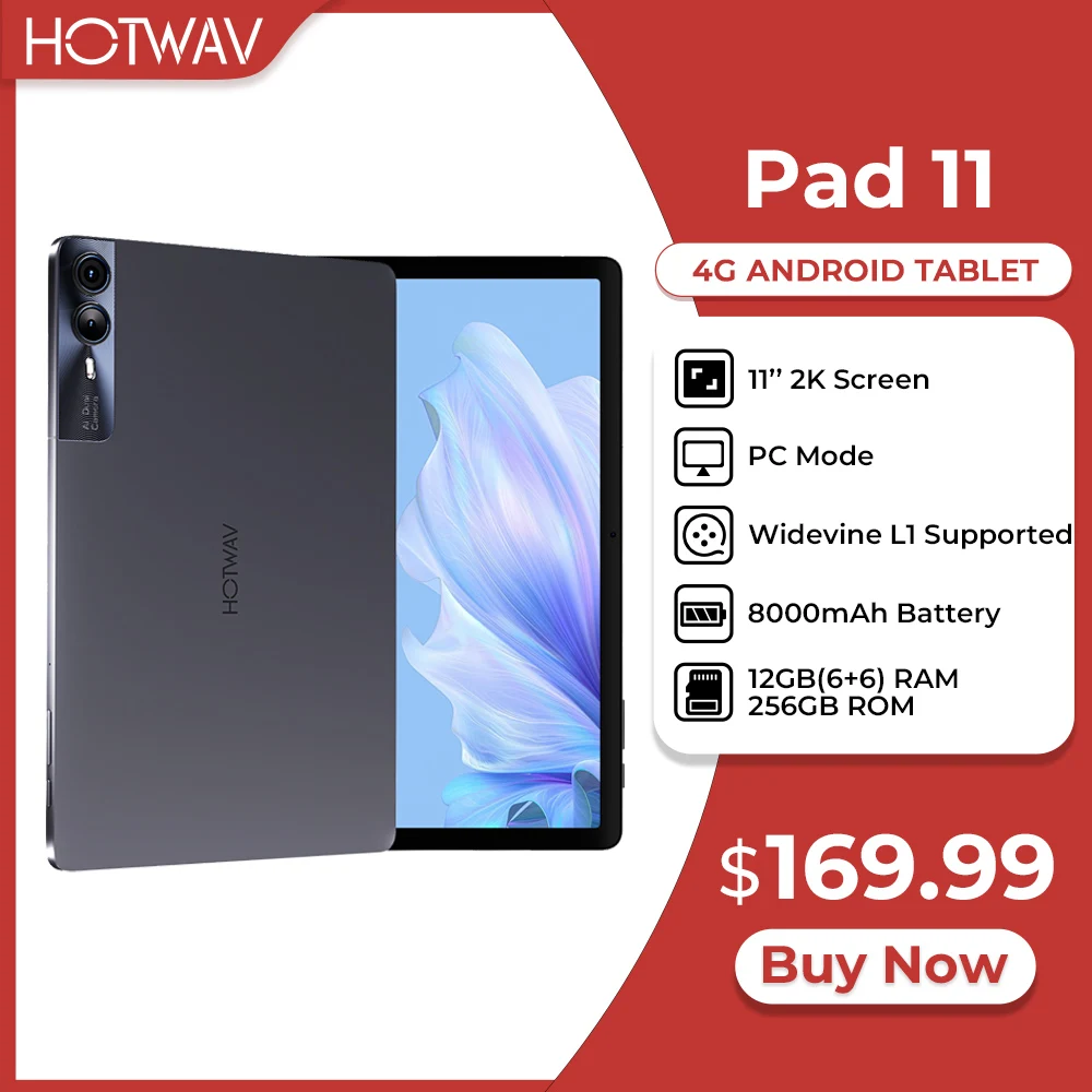 HOTWAV Pad 11 Tablet 11 ''2K pantalla Widevine L1 8000mAh batería Pad 12(6 + 6)GB RAM 256GB ROM altavoz cuádruple Modo de PC Tablet PC