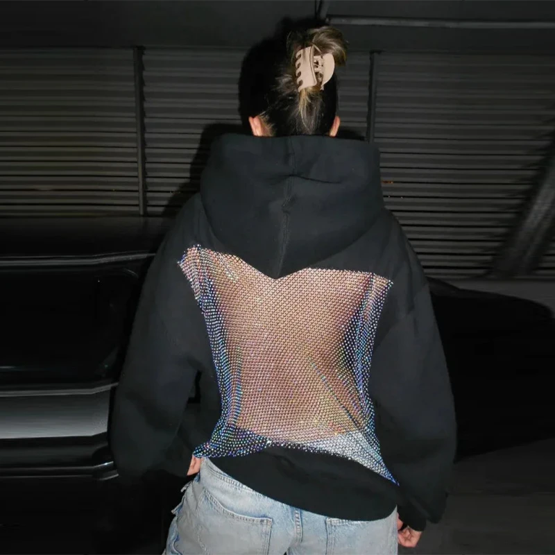 Chique oco para fora jaqueta com capuz para mulheres gótico oco malha sweatsuit sólido emendado streetwears 2025 nova senhora moda y2k outwear