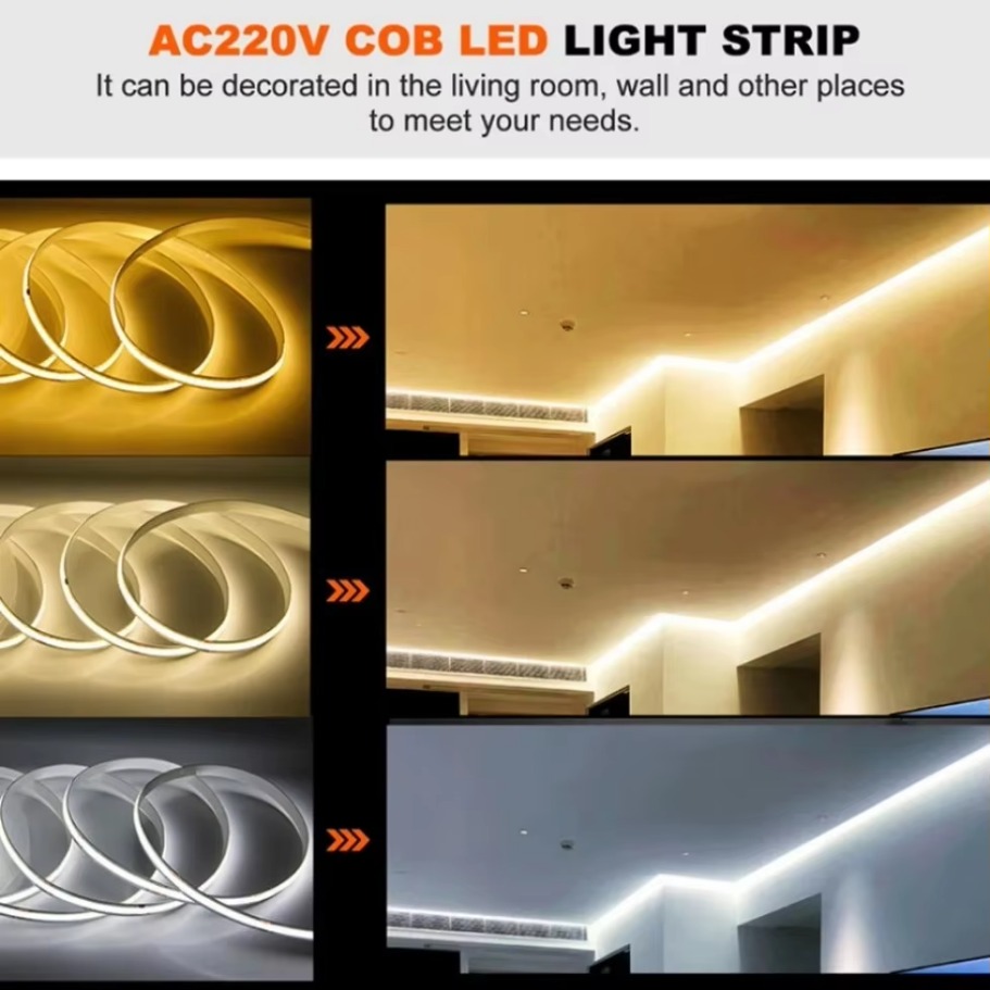 1-5m 220v luzes de fita flexível cob led luz de tira inteligente ic sem necessidade de driver alto brilho 240 leds iluminação linear ra95 branco quente