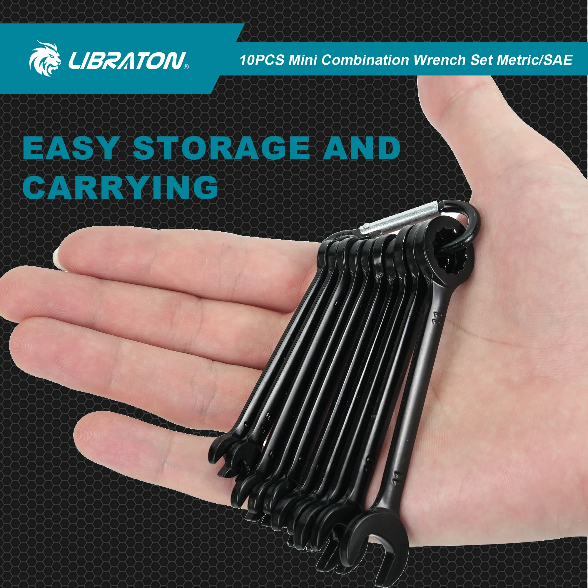 LIBRATON 10PCS Mini Combination Wrench Set with Rolling Pouch Metric 4-11mm/SAE 5/32"-7/16" Carbon Steel