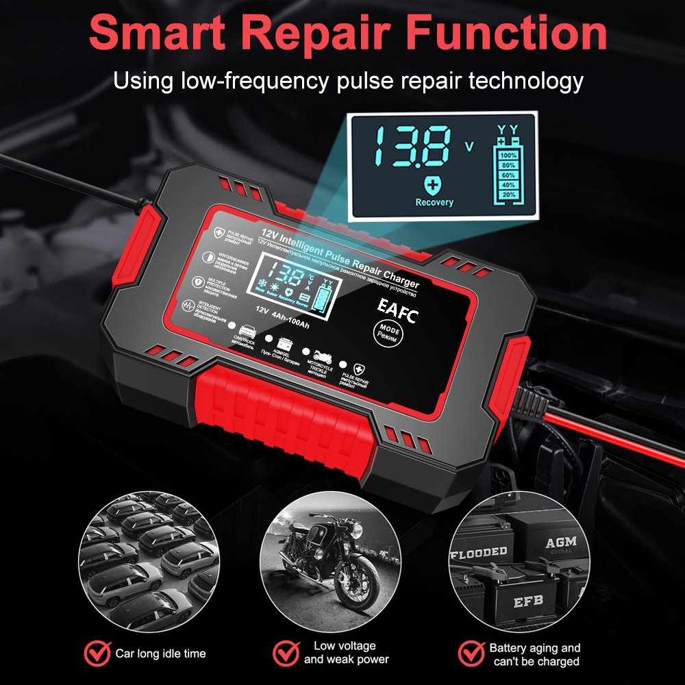 Cargador de batería de coche 12V 6A reparación de pulso pantalla LCD carga rápida inteligente AGM cargador de plomo-ácido de GEL de ciclo profundo para motocicleta automática