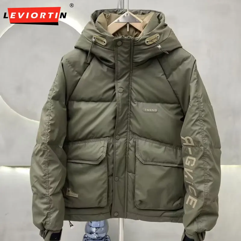 Mode Herren Daunenjacke mit Kapuze Herbst Winter Dicke warme Outdoor winddichte Sportbekleidung Mäntel Männliche Einweg-Daunenjacke mit weißer Ente