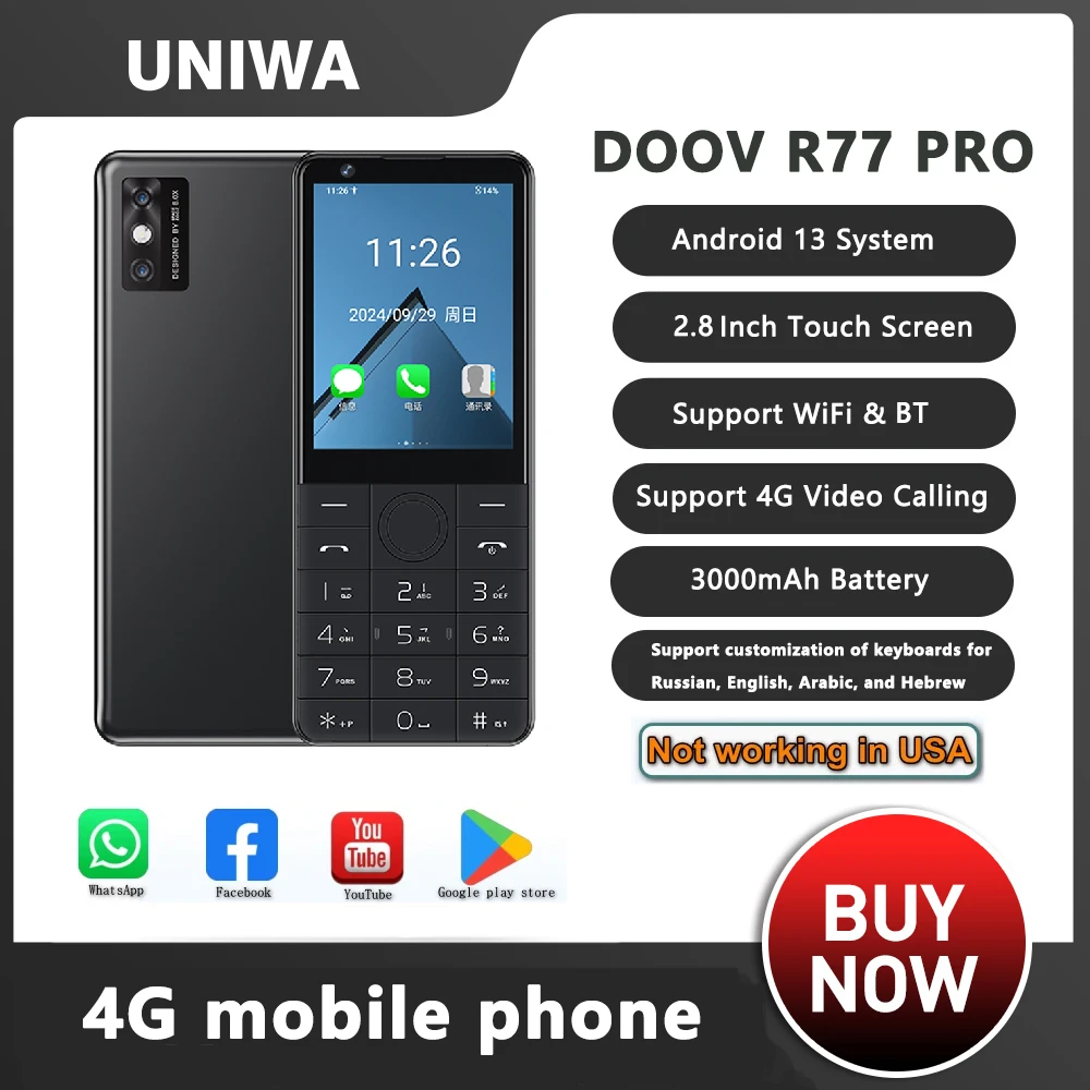 DOOV R77 Pro 4G teclado de pantalla táctil teléfono móvil con cámara de 5MP 2,8 pulgadas 3GB + 32GB 3000mAh Smartphone Whatsapp teclado hebreo