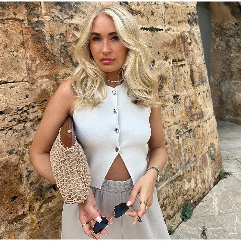 Camisola curta sem mangas para as mulheres, colete sexy, camisola de malha com botão, casual, para a primavera e o verão