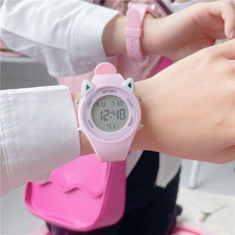 【Relógio + pulseira】 Conjunto de pulseira de unicórnio eletrônico esportivo multifuncional de silicone infantil com orelha de gato