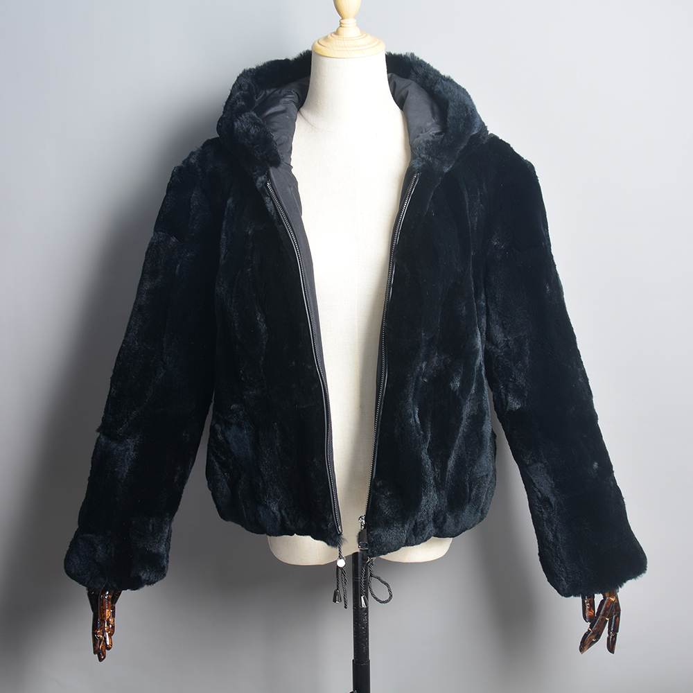 Abrigo con capucha de piel de conejo Rex Real para mujer, chaquetas de piel de conejo Rex Natural, abrigo de piel de conejo Rex grueso para mujer