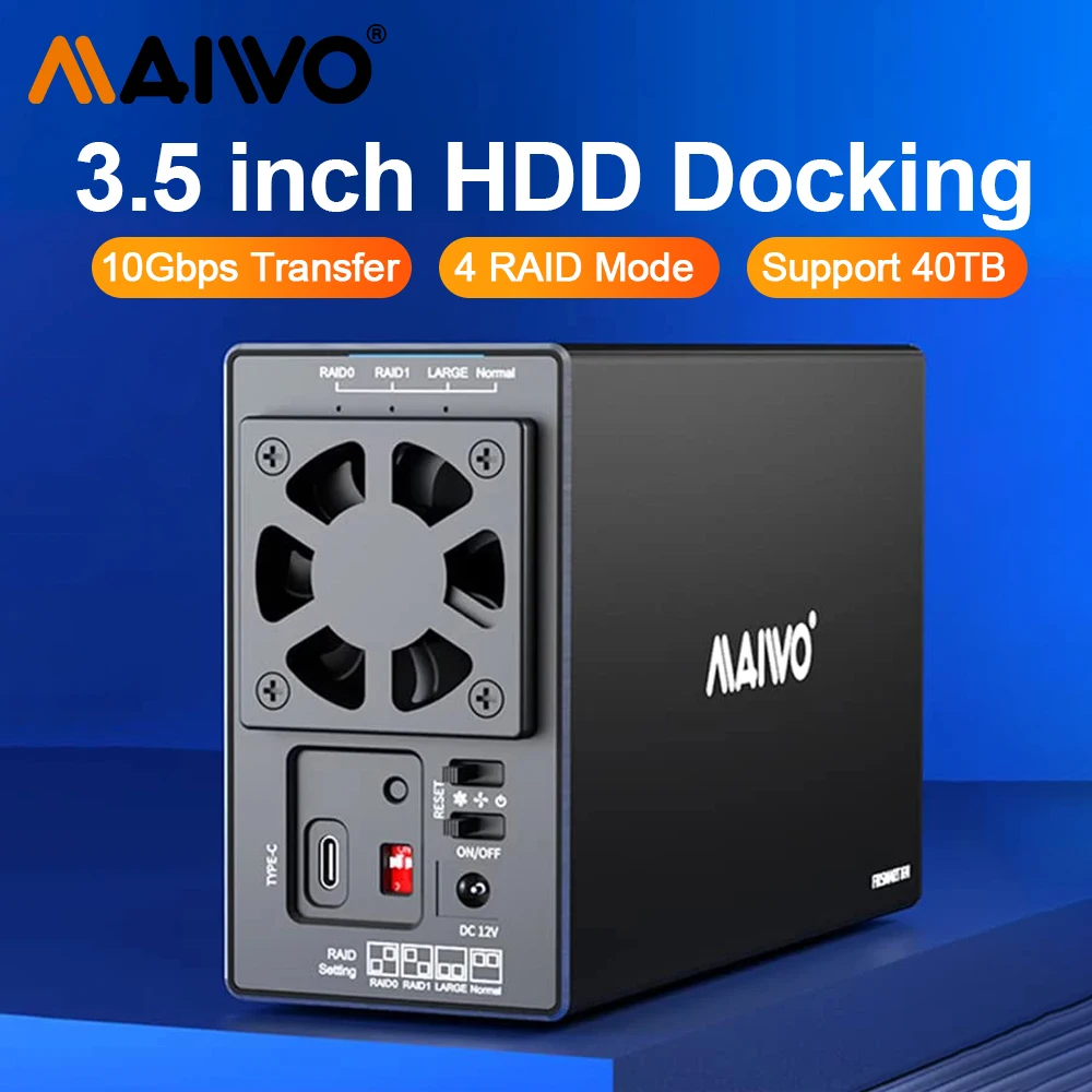 MAIWO 3,5 Zoll SATA RAID-Speichergehäuse Dual Bay Festplatten-Dockingstation zu USB3.1 Typ-C 10 Gbit/s unterstützt RAID 0/1 Modus