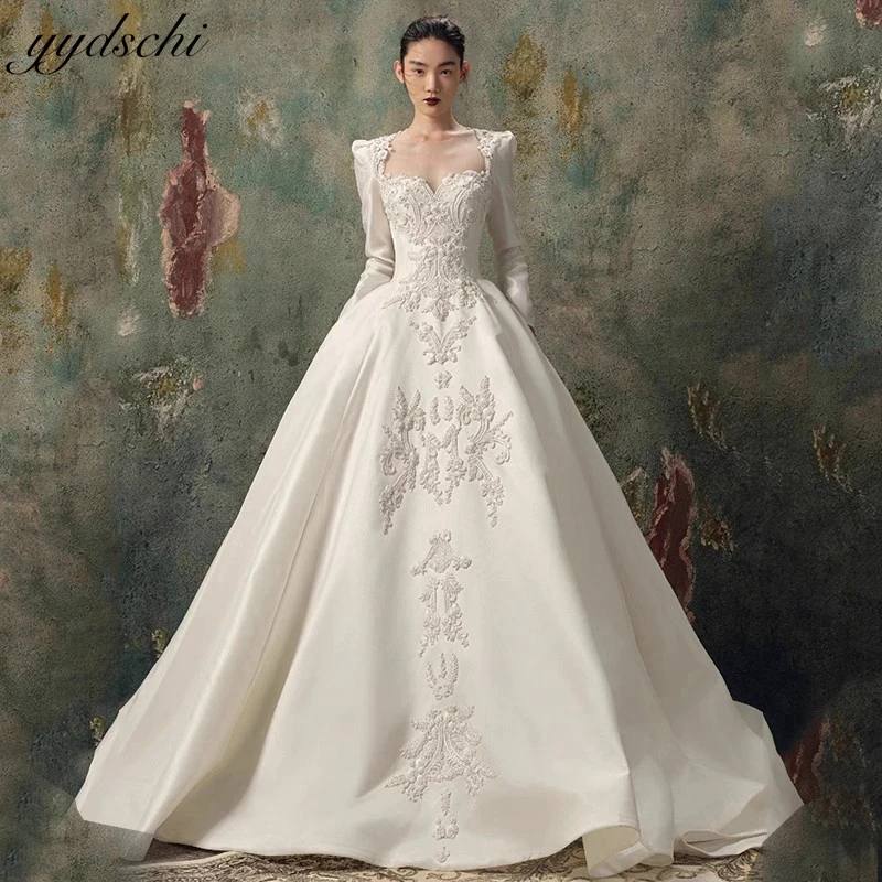 Customized Appliques Satin Illusion Full Sleeves O-Neck Vintage Wedding Dresses For Woman 2025 Bridal Gowns vestidos de novia