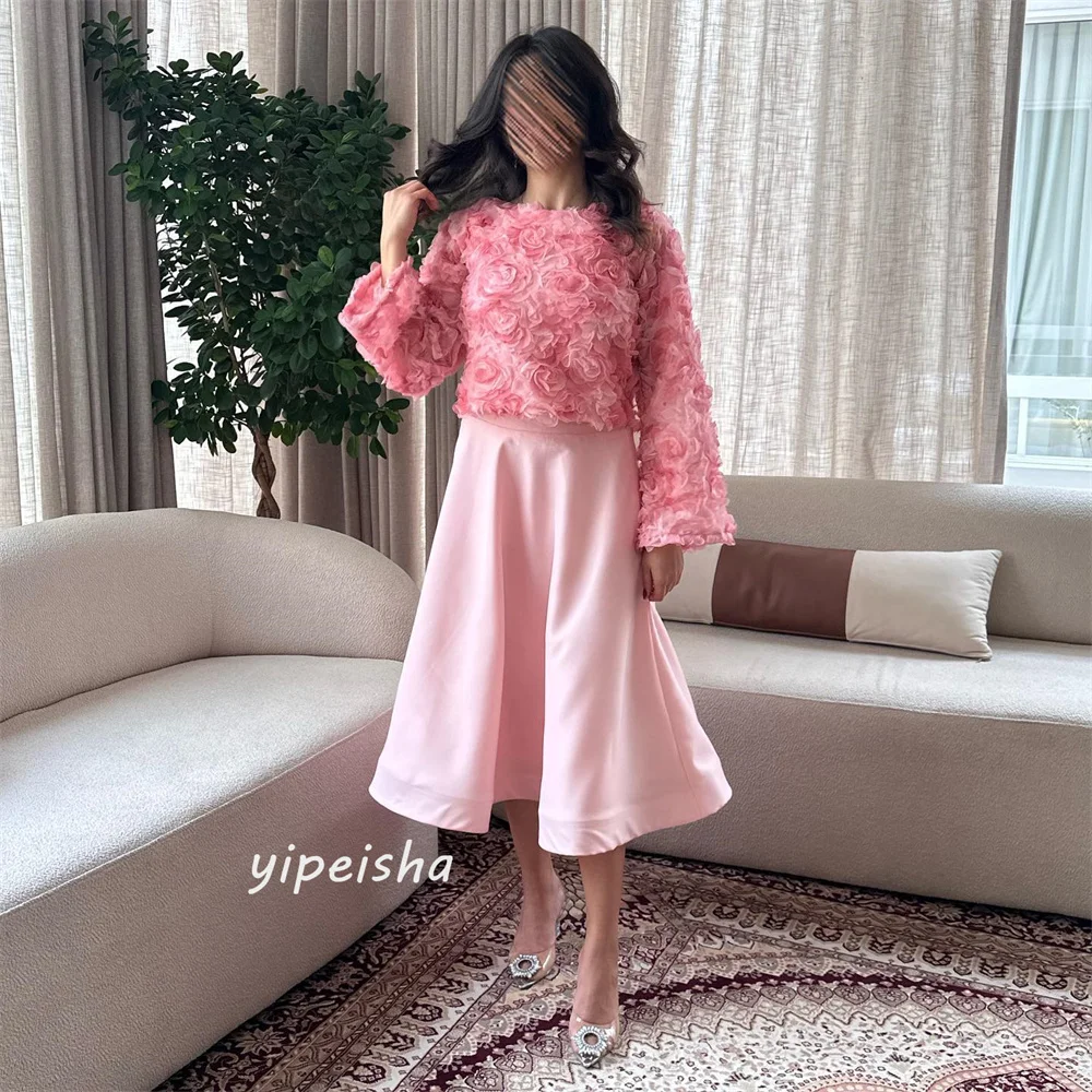 ที่กําหนดเอง Jersey Draped จีบดอกไม้งานแต่งงาน A-Line O-คอ Bespoke โอกาสชุด Midi ชุด