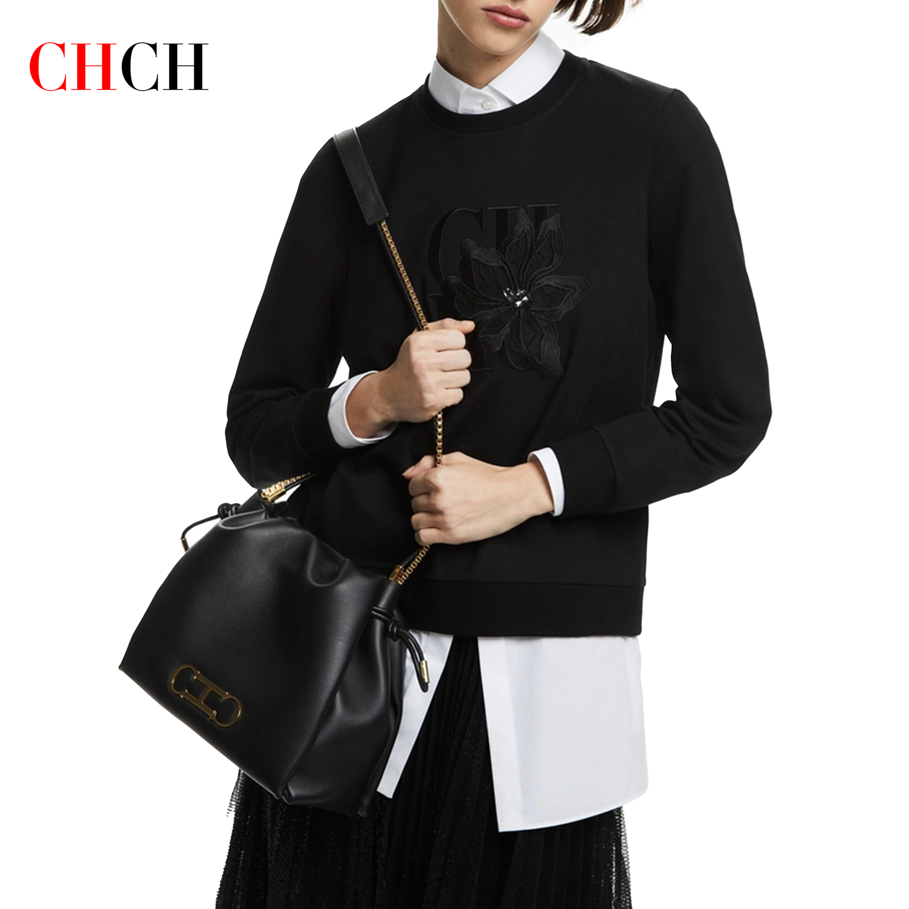 Moletom feminino CHCH novo top feminino bordado com gola redonda preta