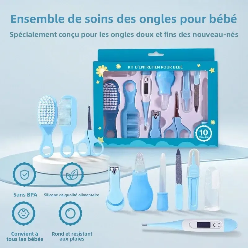 Kit de soins quotidiens pour cheveux d'ongles pour nouveau-né, brosse de toilettage pour nourrissons et enfants, peigne, ensemble de coupe-ongles sûr, cadeau pour bébé, 10 pièces