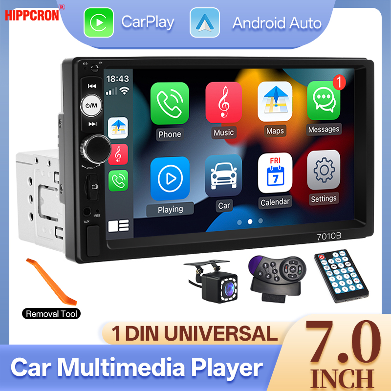 Hippcron 1Din Autoradio Stereo 7 inch HD Touchscreen Multimediaspeler BT Autoaudio FM-ontvanger Spiegellink USB AUX Universeel