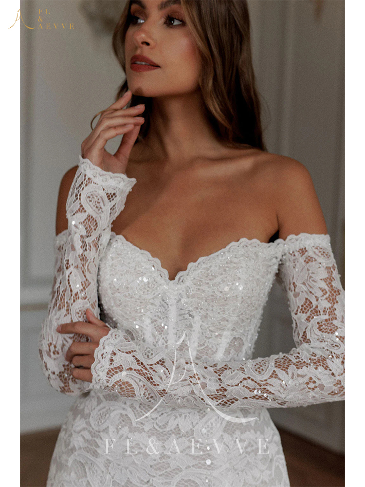 Kurzes schulterfreies Hochzeitskleid, Meerjungfrau-Spitze, Brautkleid mit langen Ärmeln, Damen-Brautkleid mit Schnürung, Abschlussball-Partykleid, individuell gestaltet