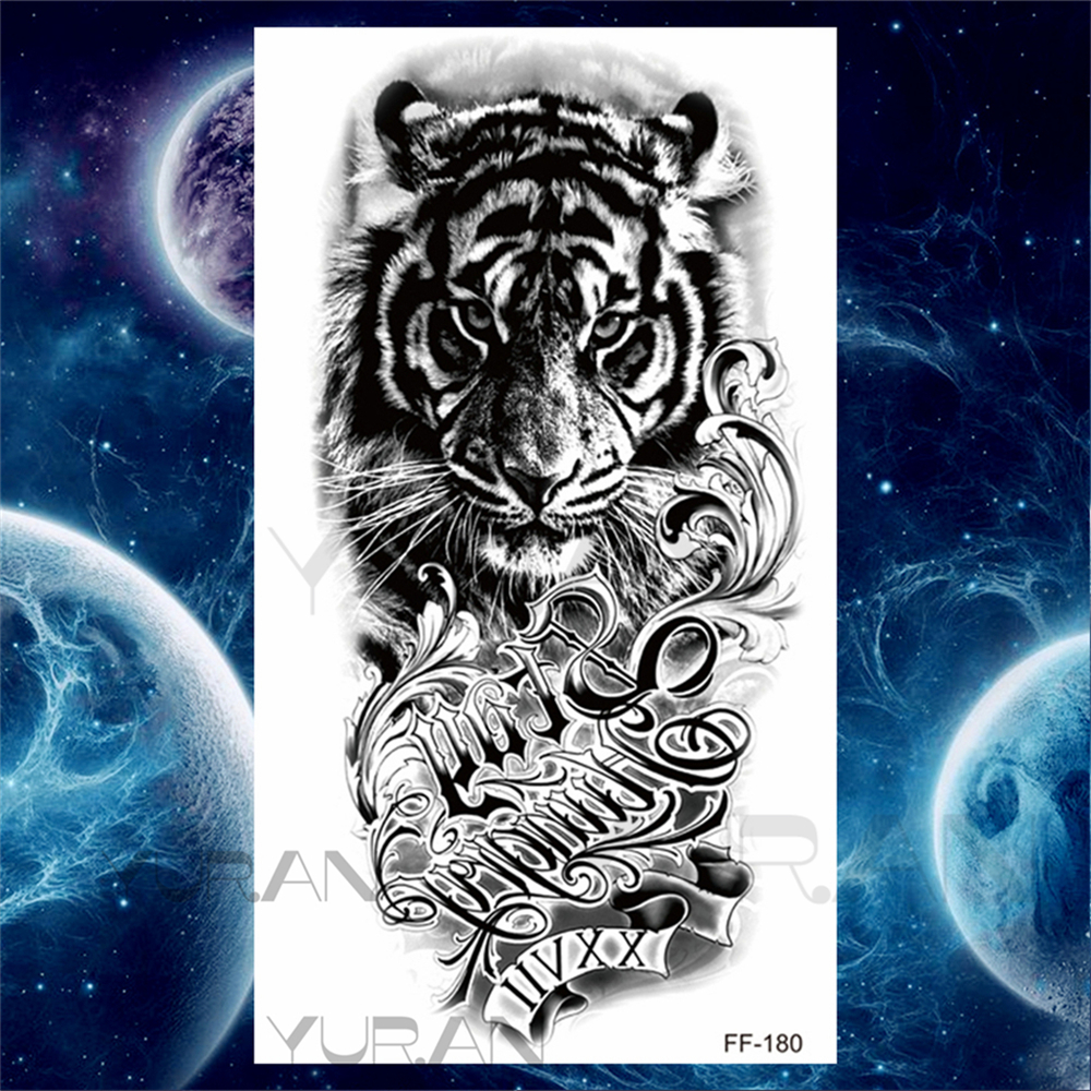 สิงโตขนาดใหญ่รอยสักชั่วคราวสําหรับผู้หญิงผู้ชาย Tiger Wolf Vampire Forest ดอกไม้มงกุฎเข็มทิศปลอม Tattoo สติกเกอร์แขนรอยสัก