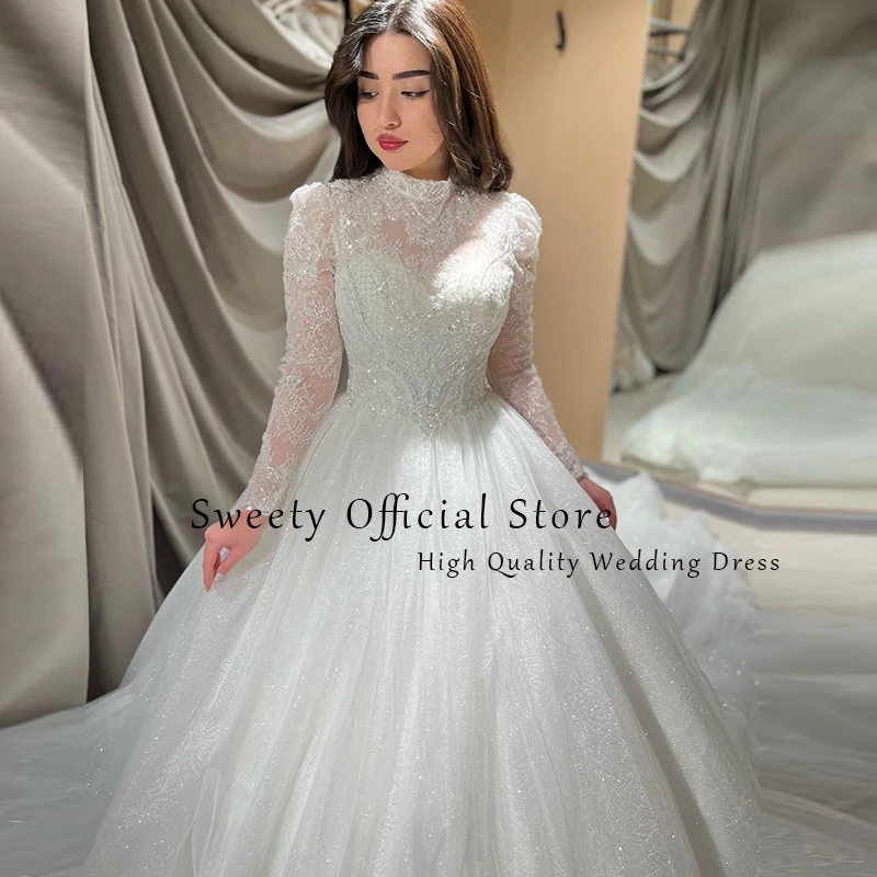 Luxury Wedding Dress Beading With Embroidery Lace Sequins Ball Gown Full Sleeve High-Neck Bride Dress Robe De Mariee Customized