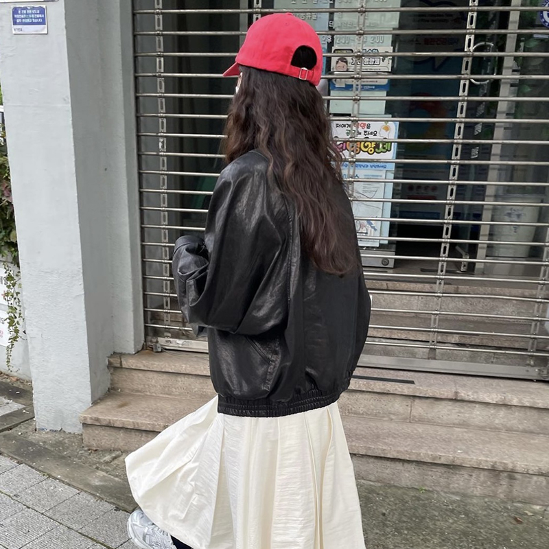 Ethos Slimming Black Biker Loose PU Short Leather Jacket Women's 2024 New Sle Commute Loose Fit Synthetic Leather Zipper