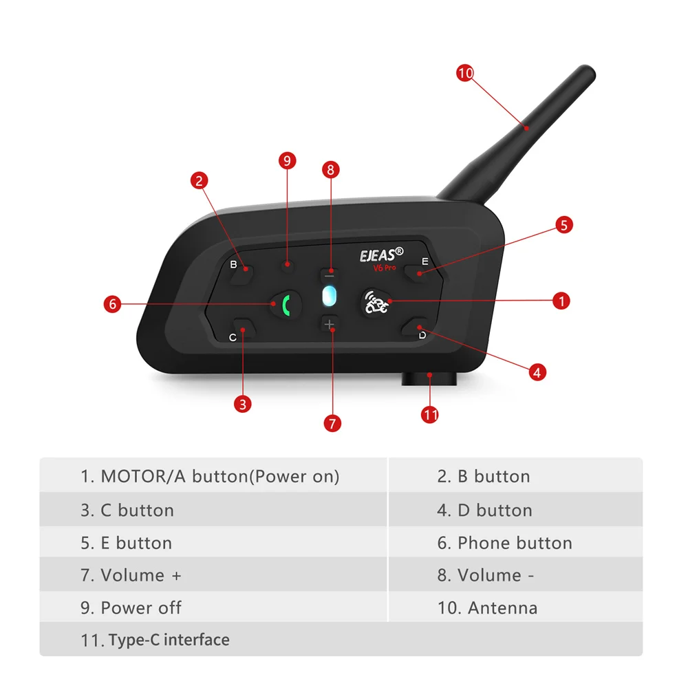 EJEAS V6 PRO+ Motorcycle Intercom  Helmet  6 Riders 800m Communicator Waterproof V5.1 Music Player Interphone Bluetooth Headset
