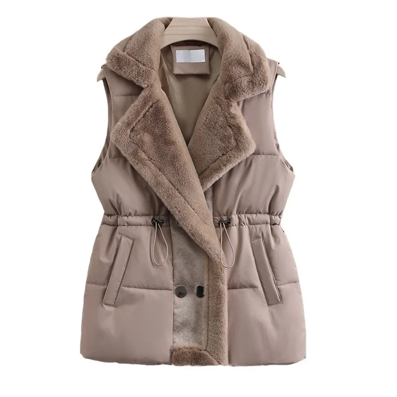 Chaleco de algodón con pelo de cordero para mujer, ropa de abrigo con solapa integrada de piel, otoño e invierno, 2024