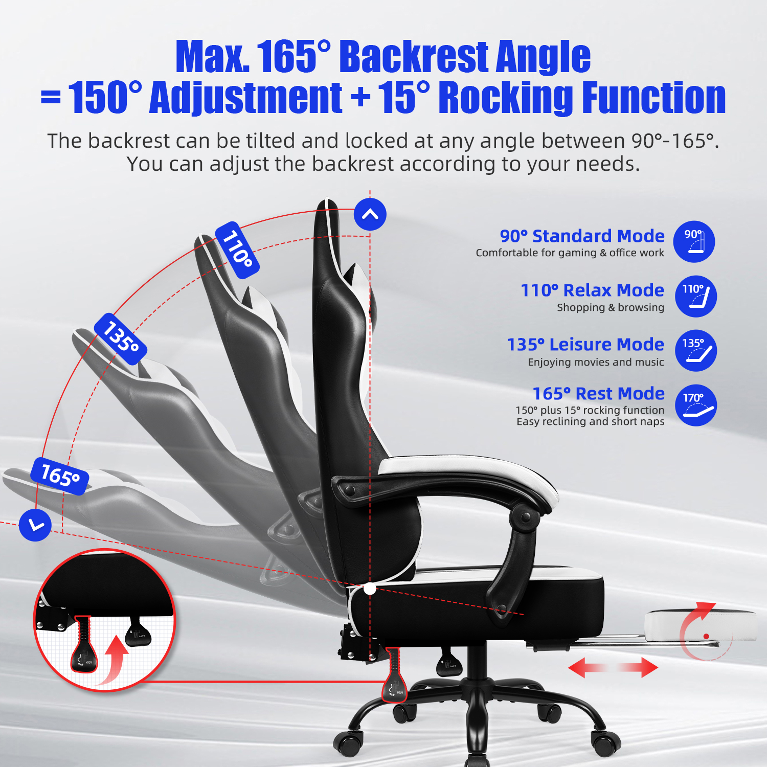 Chaise de jeu ergonomique Daccormax avec support lombaire réglable et appui-tête, conception à dossier haut + repose-pieds pliable pour les joueurs sur PC