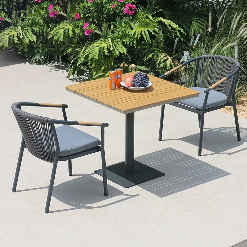 Silla de té y café de madera de teca de aluminio para exteriores, mesa, muebles, juego de comedor, jardín para cafetería al aire libre
