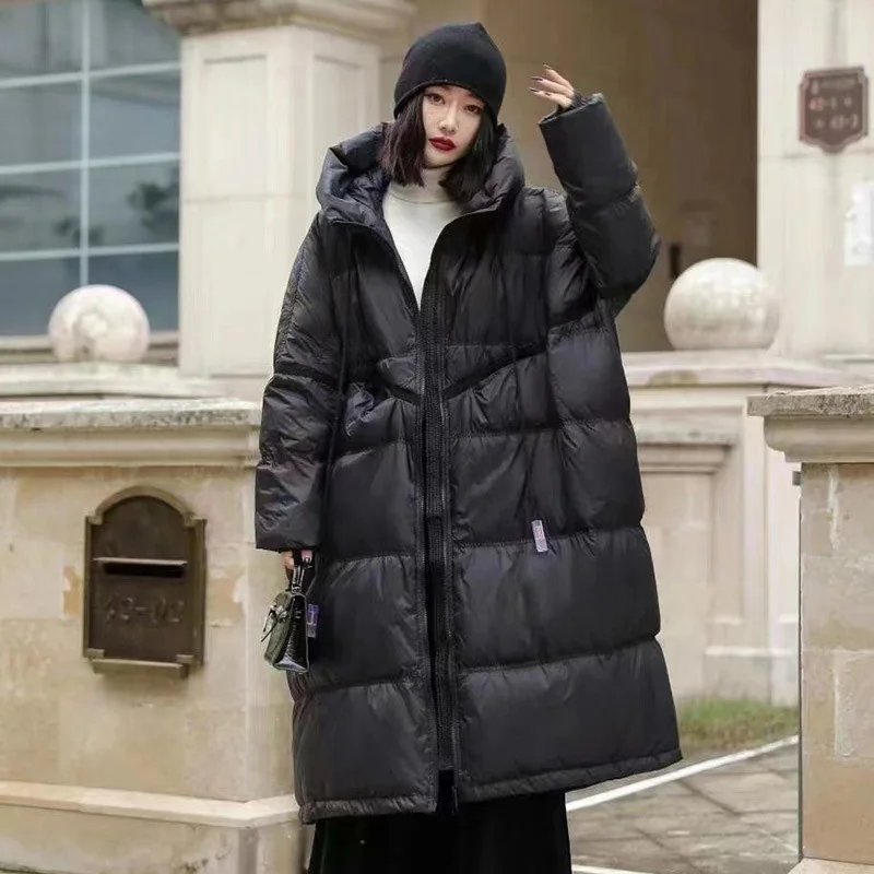 Schinteon Damen-Daunenjacke mit weißer Ente und Kapuze, Herbst-Winter, warm, lang, Übergröße, lockerer Mantel, 2025, Neu