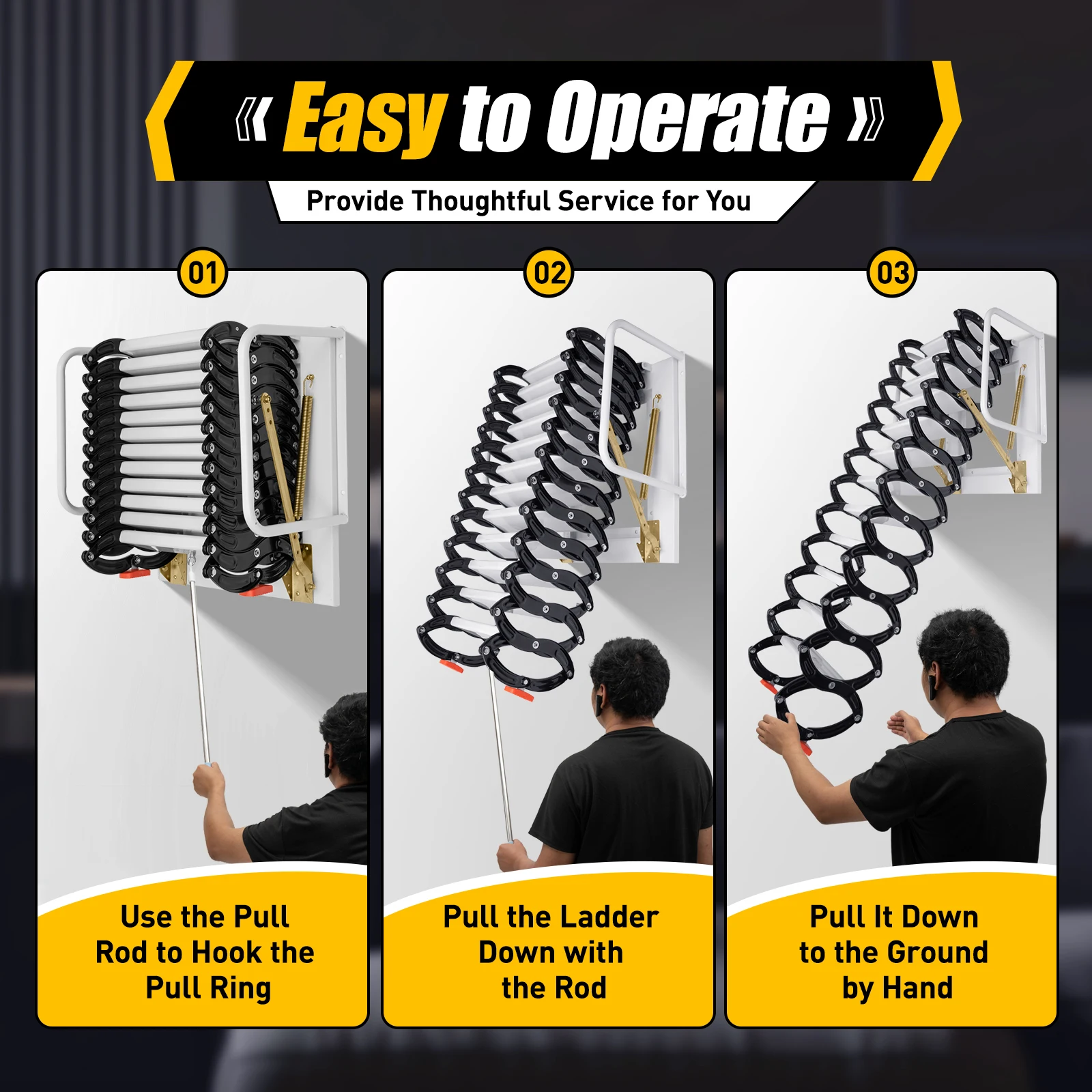 Folding Attic Ladder Wall-mounted Attic Stair Alloy Steel Spring 12 Amount Ladder With Anti-slip Feet and Safe Handrails