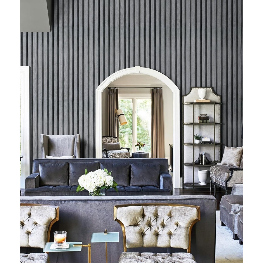 Papel tapiz autoadhesivo impermeable de listones de madera gris de 45cm de ancho, papel de Contacto extraíble de grano de raya de madera para gabinetes de dormitorio