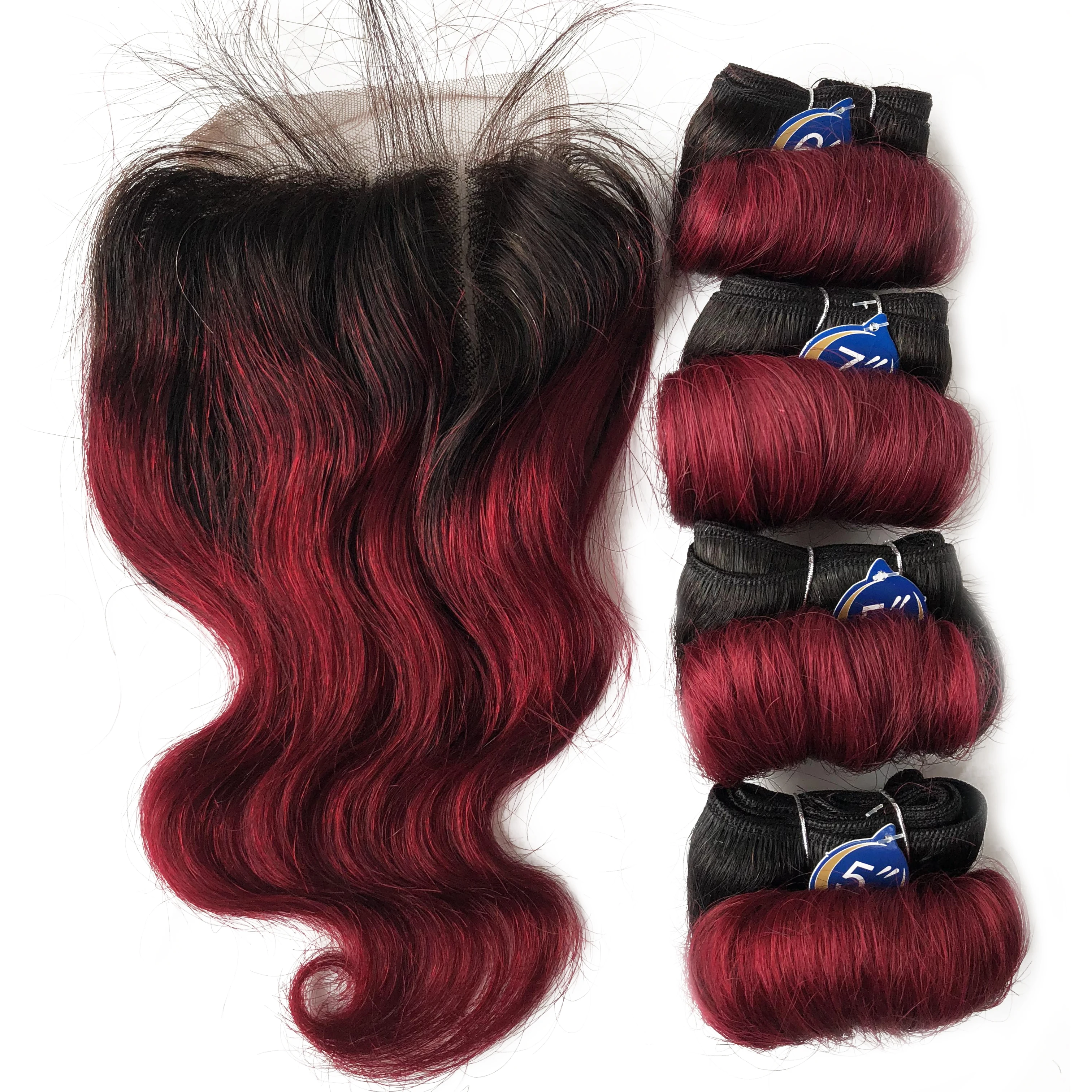 Onda do corpo brasileiro pacotes com fechamento pacotes de cabelo humano com fechamento extensões tecer cabelo humano 1b 27 30 cor borgonha
