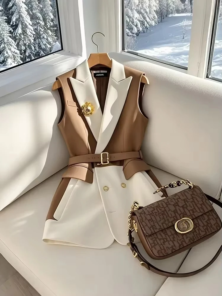 França moda senhora do escritório café blazers colete verão coreano sem mangas jaquetas com cinto feminino temperamento formal fino ajuste