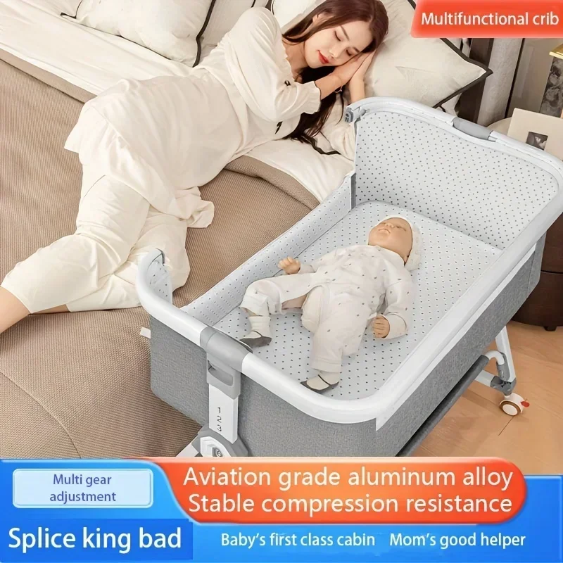 Foldable Baby Crib, Movable Baby Rocking Bed, Spliced Large Bed, Multifunctional, Foldable, Adjustable Height, Spliced