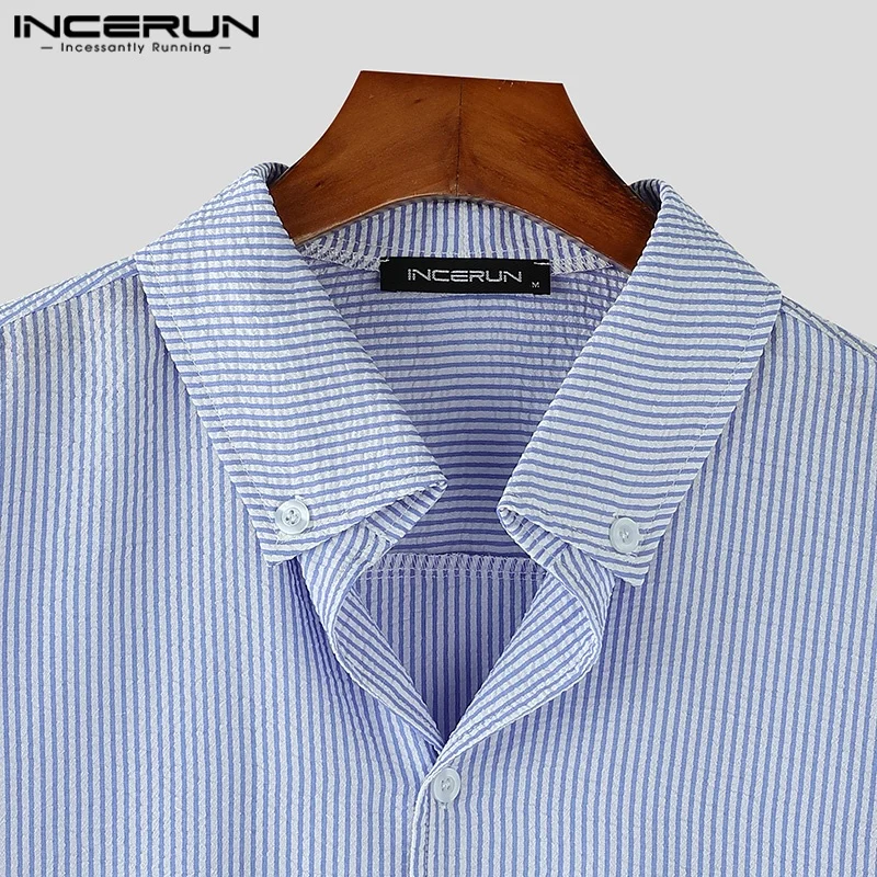 INCERUN-Tops bien ajustados a la moda para hombre, camisas con diseño de cuello Windsor, ropa de calle informal, blusa de manga larga a rayas simples 2024