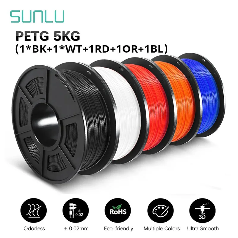 SUNLU PETG 3D Filament 1KG 1.75MM 5Rolls Arranged Neatly Clogging Free No Bubble Odorless Eco-Friendly Good Toughness