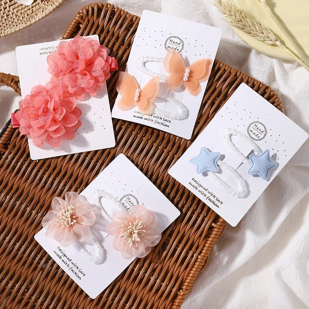 2 unids/set niñas lindo flor arco estrella Color sólido seguro Nylon & tejer & malla niños pinzas para el cabello accesorios horquillas para niños