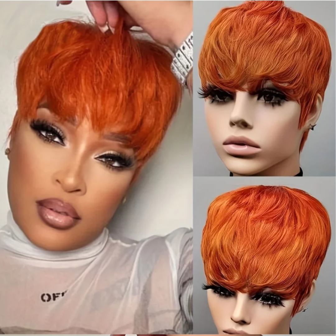 ขิงสีสั้นวิกผมเปรูกับ Bangs สีส้มเต็มรูปแบบสั้น Pixie ตัด Bob วิกผม 100% วิกผมมนุษย์