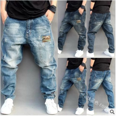 Calça harém jeans estilo rua americana para homens, retrô e moderna, combinada, casual, solta, tamanho grande, calça hip-hop cônica.