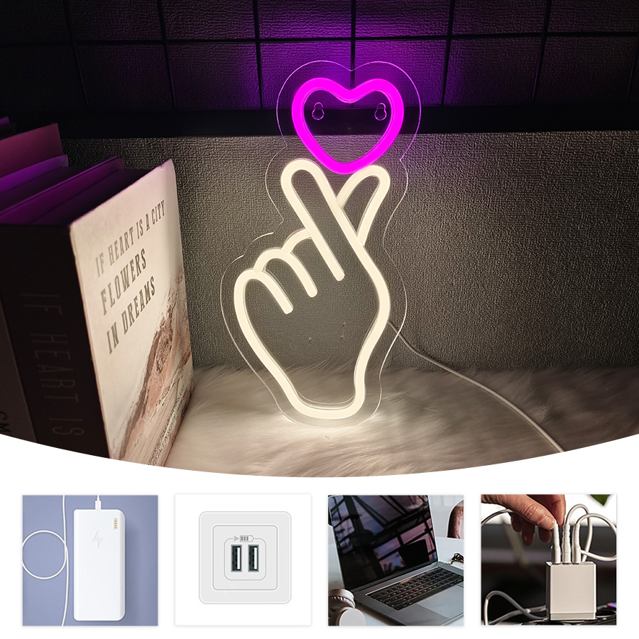 Insegna al neon mano a mano, interruttore alimentato tramite USB con icona d'amore rosa a led, utilizzato per la camera da letto, il club, il matrimonio, la decorazione dello sfondo di compleanno.