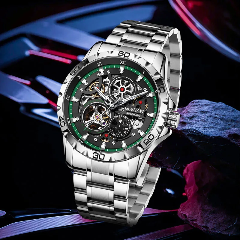 GLENAW Steampunk esqueleto reloj para hombre anillo de lujo relojes mecánicos automáticos luminoso impermeable reloj con correa de acero inoxidable
