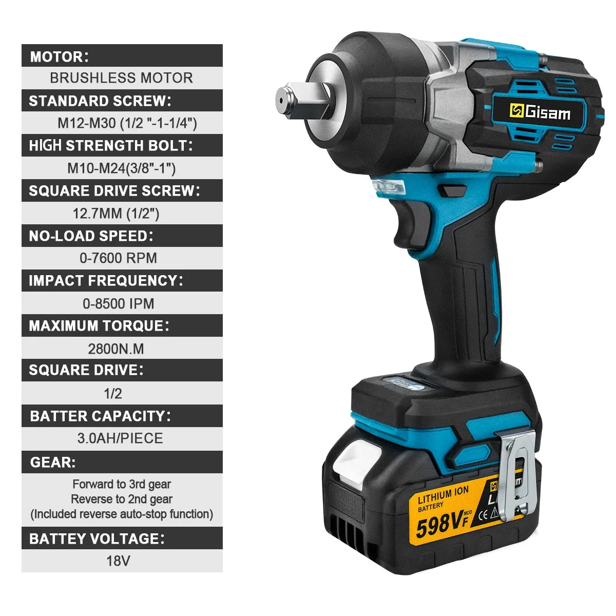 Gisam 2800N.M 브러시리스 전기 렌치 Makita 18V 배터리 핀용 1/2 인치 무선 임팩트 렌치 Electirc 스크루 드라이버 드릴
