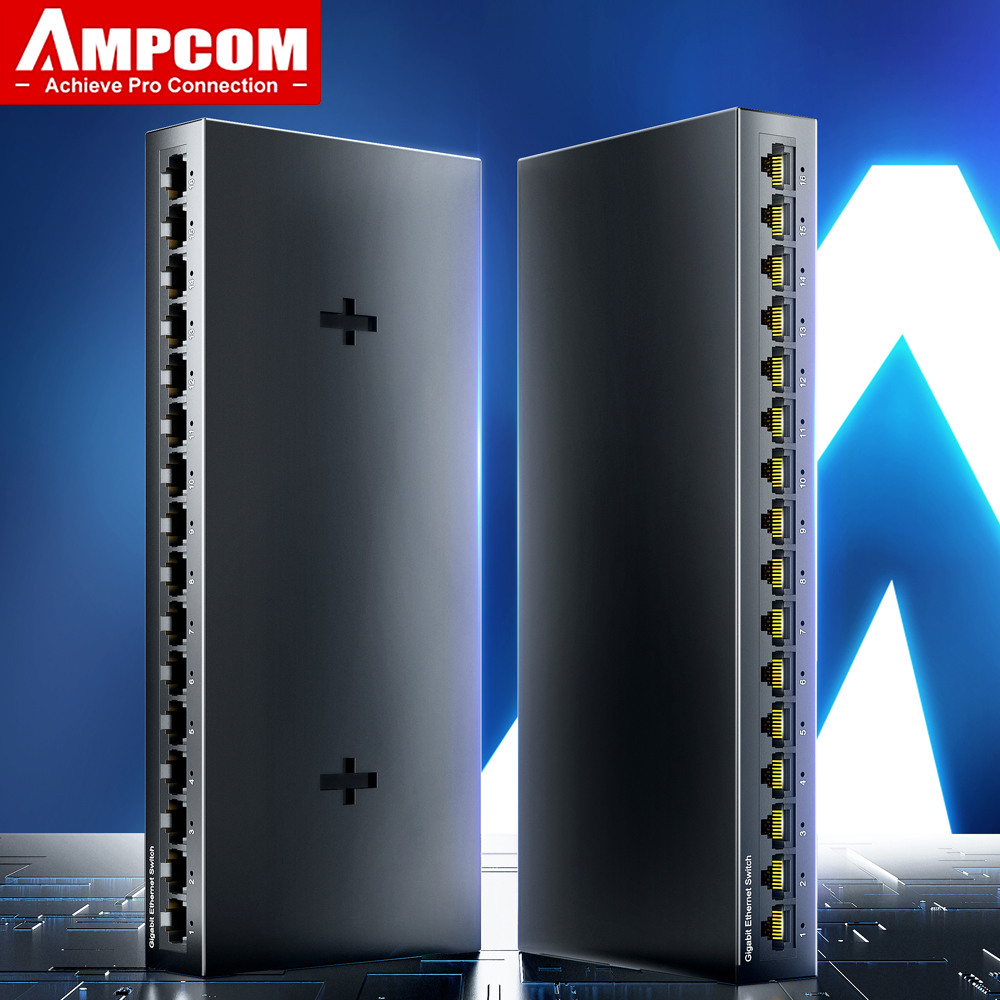 Conmutador de red AMPCOM, conmutador de 16 puertos Ethernet, 1000Mbps, Gigabit, conmutador inteligente de alto rendimiento, concentrador RJ45, inyector de Internet