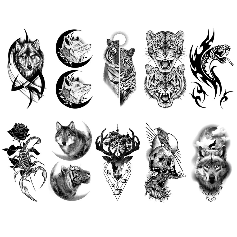 10 stks Waterdichte Tijdelijke Tattoo Sticker Donkere Wolf Leeuw Tijger Adelaar Slang Herten Skelet Schorpioen Body Art Arm Tattoo Vrouwen Mannen